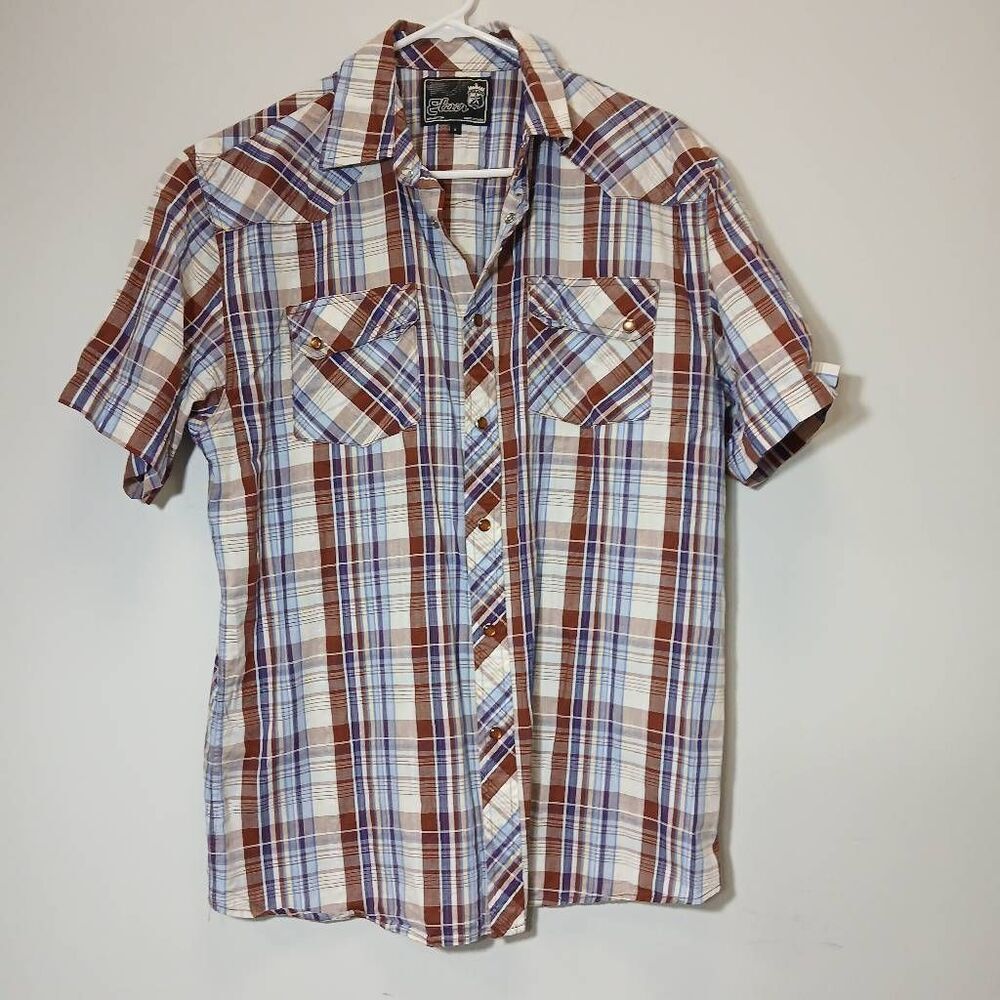 Elixir mens large pearl snap button down shirt rust earthtone brown western